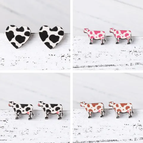 Süße Holz Edelstahl Kuhdruck Ohrstecker Western-Cowboy Herz Tier Muster Ohrschmuck Für Damen Party Täglich