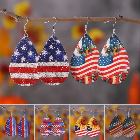 Patriotische PU Leder Tränenform Ohrringe Für Damen Amerikanische Flagge Stern Sonnenblume Bedruckte Ohrhänger Unabhängigkeitstag Schmuck