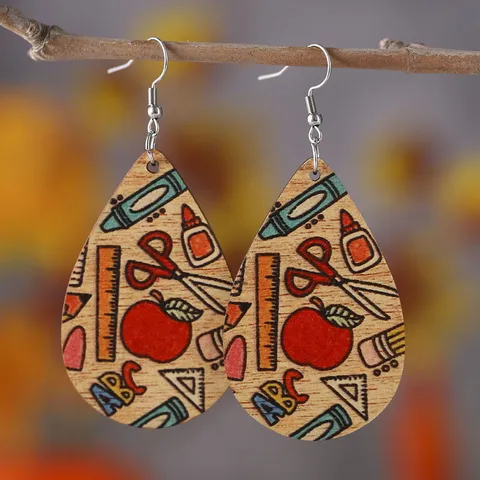 School Theme Wood Drop Earrings Pencil Ruler Apple Printed Double Sided Wooden Earrings For Teachers Students Jewelry Gift