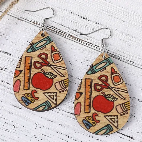 School Theme Wood Drop Earrings Pencil Ruler Apple Printed Double Sided Wooden Earrings For Teachers Students Jewelry Gift