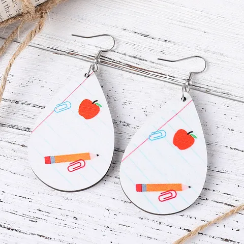 Personalized Teardrop Wooden Earrings Back To School Theme Apple Pencil Pattern Printed Wood Dangle Earrings Teacher Gift Jewelry