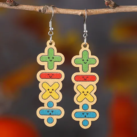 Longues Boucles d'Oreilles Pendantes en Bois Symboles Mathématiques Visage Souriant Impression Double Face Bijoux Mode Pour Femmes