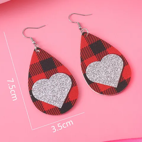 Valentinstag PU Leder Ohrringe Doppelseitig Bedruckt Kariert Leopard Herz Tränenform Ohrhänger Mit Edelstahl Ohrringpfosten Feiertagsgeschenk Für Damen Schmuck