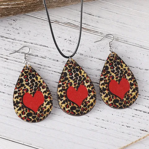 Juego de Collar y Pendientes con Colgante de Gota de Agua de Corazón con Estampado de Leopardo de Madera Estilo Occidental para Mujer Regalo de San Valentín