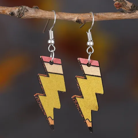 Women Leopard Lightning Pencil Printed Wood Drop Earrings Personality Fashion Back To School Theme Jewelry Hanging Earrings