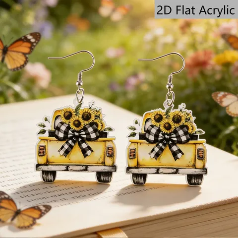 Acrylic Sunflower Truck Pendant Earrings Cute Bow Floral Drop Earrings Fashion Novelty Jewelry For Women