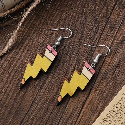 Women Leopard Lightning Pencil Printed Wood Drop Earrings Personality Fashion Back To School Theme Jewelry Hanging Earrings