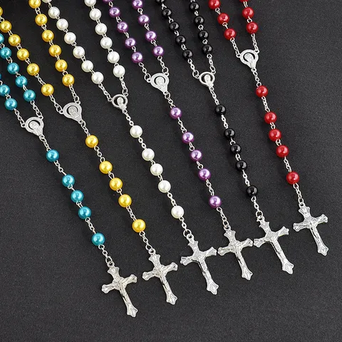 Moda Vintage Collar de Rosario con Cruz de Perlas Artificiales para Hombres Mujeres Aleación Borla Larga Collar de Cuentas de Oración Religiosa Joyería