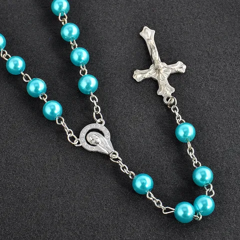 Moda Vintage Collar de Rosario con Cruz de Perlas Artificiales para Hombres Mujeres Aleación Borla Larga Collar de Cuentas de Oración Religiosa Joyería