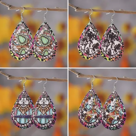 Retro PU Leder Tropfen Ohrringe Für Frauen Doppelseitig Bedruckt Leopardenmuster Sonnenblume Gestreift Bohemian Hängende Ohrringe