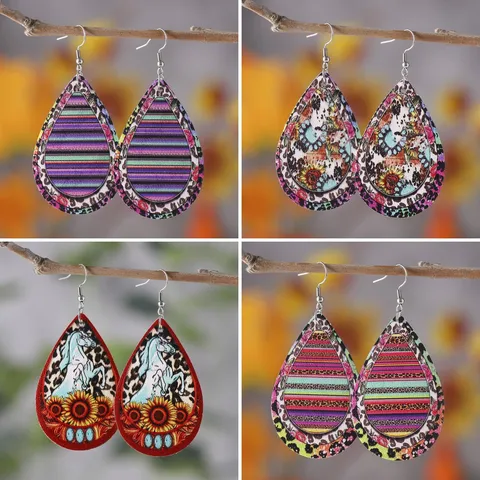 Retro PU Leder Tropfen Ohrringe Für Frauen Doppelseitig Bedruckt Leopardenmuster Sonnenblume Gestreift Bohemian Hängende Ohrringe