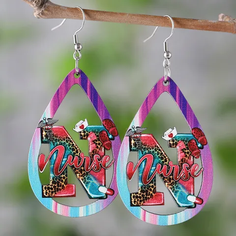 Western Leopard Print Wooden Waterdrop Hollow Pendant Earrings Stainless Steel Earring Post International Nurses Day Double Sided Printed Ear Ornaments Gift For Women