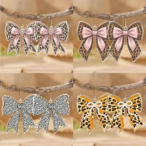 Pendientes de Colgante de Lazo con Estampado de Leopardo de Acrílico para Mujer Estilo Occidental con Diamantes de Imitación y Perlas Artificiales Joyería Regalo