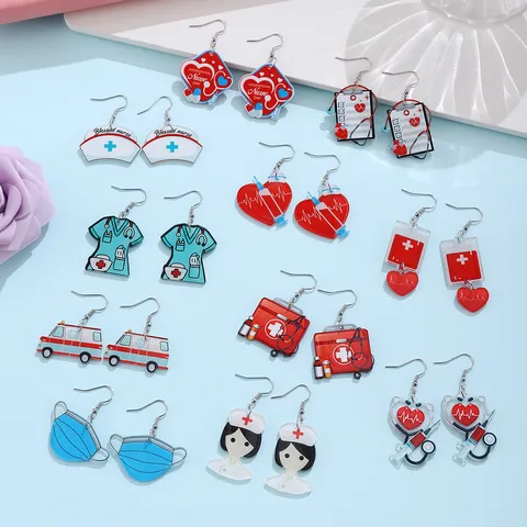 Acryl Tag der Krankenschwester Ohrhänger Für Damen Internationaler Tag der Krankenschwester Geschenk Herz Medizinset Stethoskop Ohrringe Bedruckt