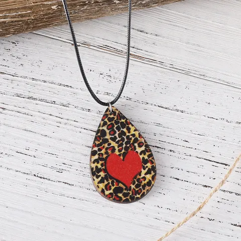 Juego de Collar y Pendientes con Colgante de Gota de Agua de Corazón con Estampado de Leopardo de Madera Estilo Occidental para Mujer Regalo de San Valentín