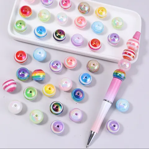 Striped Resin Beads Rainbow Candy Style DIY Jewelry Making Accessories Colorful Electroplated Round Loose Beads For Handcrafted Crafts Pens