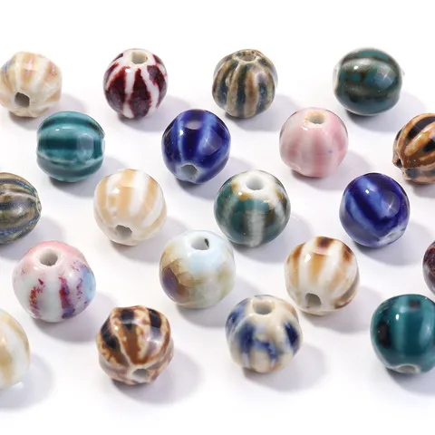 Glazed Ceramic Pumpkin Striped Round Beads For DIY Jewelry Making Bracelet Necklace Handmade Craft Supplies Pastoral Style