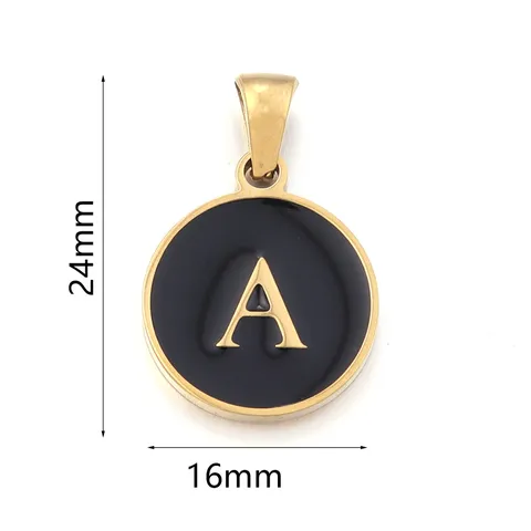 Stainless Steel Round English Letter Pendant Black White Drip Glue Gold Border Initial Charm For DIY Jewelry Making Accessories