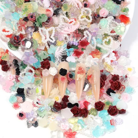 Mixed Resin Rose Heart Cartoon Bear Nail Art Charms Flower Bow Flatback Decals For DIY Craft Phone Case Decor Women Jewelry