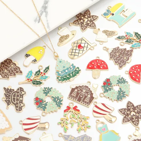 Cartoon Christmas Tree Mushroom Enamel Alloy Pendants Colorful Gingerbread House DIY Necklace Bracelet Keychain Jewelry Making Accessories