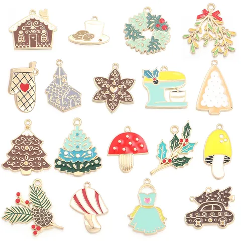 Cartoon Christmas Tree Mushroom Enamel Alloy Pendants Colorful Gingerbread House DIY Necklace Bracelet Keychain Jewelry Making Accessories