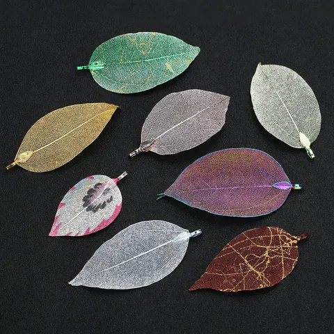 Natural Skeleton Leaf Pendant Electroplated Metal Filigree Leaf Charms For DIY Necklace Earring Hairpin Jewelry Making Accessories