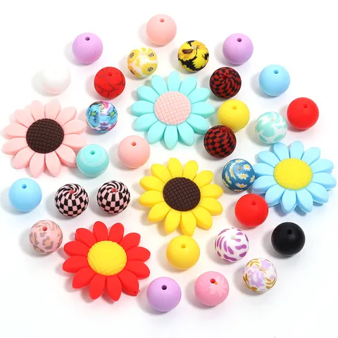 Perles en Silicone Tournesol DIY Marguerite Rondes Motif Floral Perles en Silicone Pour la Fabrication de Bijoux Bracelet Accessoires