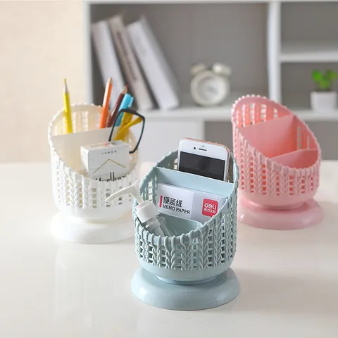Boîte de Rangement de Bureau en Plastique Texture Tissée Porte-Stylo Multifonctionnel Rond Organisateur de Bureau pour Bureau Étude Salon