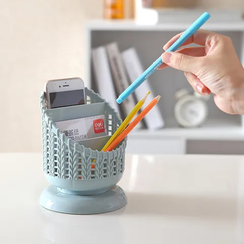 Boîte de Rangement de Bureau en Plastique Texture Tissée Porte-Stylo Multifonctionnel Rond Organisateur de Bureau pour Bureau Étude Salon