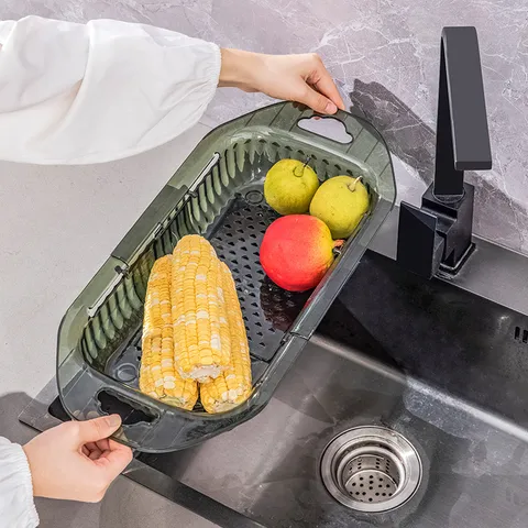 Passoire d'Évier de Cuisine Télescopique en Plastique Panier de Drainage de Fruits Légumes Réglable