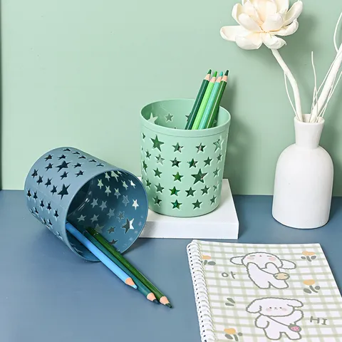 Mignon Porte-stylo en Plastique Ajouré en Étoile Boîte de Rangement de Papeterie de Bureau