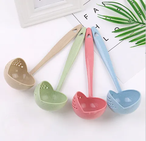 Cuillère à Soupe et Passoire à Long Manche en Paille de Blé Double Usage Cuillère pour Fondue Cuillère à Riz en Plastique Gadget de Cuisine