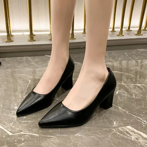 Women's Chunky High Heel Pumps Fashion Solid Color Pointed Toe Shallow Mouth Casual Dress Shoes
