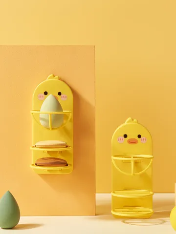 Mignon Petit Canard Jaune Porte Éponge de Maquillage Mural en Plastique Étagère de Rangement pour Puff Cosmétique Organisateur