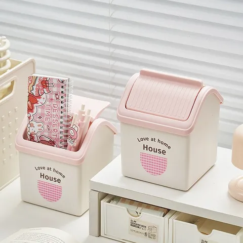 Mignon Dessin Animé Forme de Maison Bac de Rangement de Bureau Plastique Mini Poubelle Porte-Stylo Polyvalent Boîte Organisateur