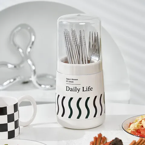 Porte-baguettes rond multifonctionnel en plastique pour cuisine, boîte de rangement de vaisselle avec couvercle anti-poussière et bac d'égouttement