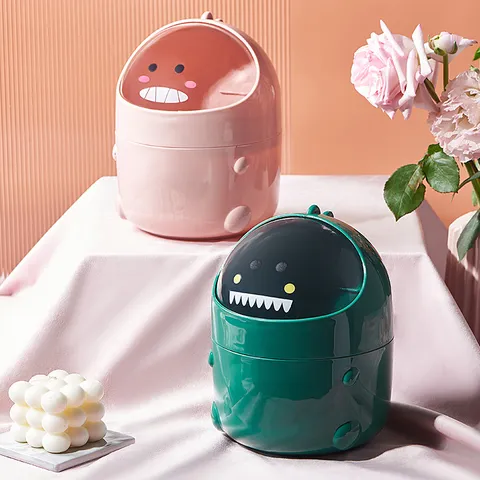 Mini Cartoon Dinosaur Desktop Trash Can Cute Shake Cover Plastic Storage Bucket Office Paper Basket