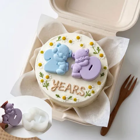 Stampo in Silicone Orso e Numero Carino 3D Cartone Animato Fondant Decorazione Torte Strumento per Candele di Compleanno Accessorio da Cucina