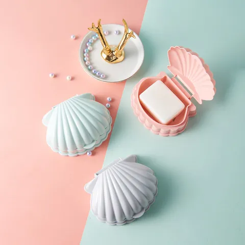 Boîte à Savon Forme Coquillage Créative Portable Double Couche Drainage Support à Savon Avec Couvercle Frais Rayé Salle de Bain Rangement Plat