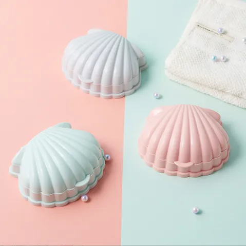 Boîte à Savon Forme Coquillage Créative Portable Double Couche Drainage Support à Savon Avec Couvercle Frais Rayé Salle de Bain Rangement Plat