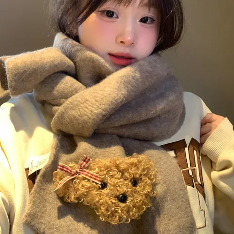 Bufanda Cálida y Engrosada de Invierno Lindo Oso Lazo Estilo Coreano Suave Acogedora Protección para el Cuello Bufanda para Mujer