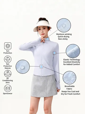 Women Cooling Sun Protection Clothing Casual Long Sleeve Full Zip Stand Collar Lightweight Slim Fit UV Jacket
