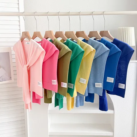 Women Solid Color Knitted Shawl Sweet Style Lightweight Air Conditioning Room Shoulder Wrap Cape