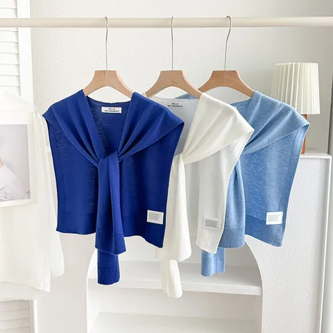 Women Solid Color Knitted Shawl Sweet Style Lightweight Air Conditioning Room Shoulder Wrap Cape