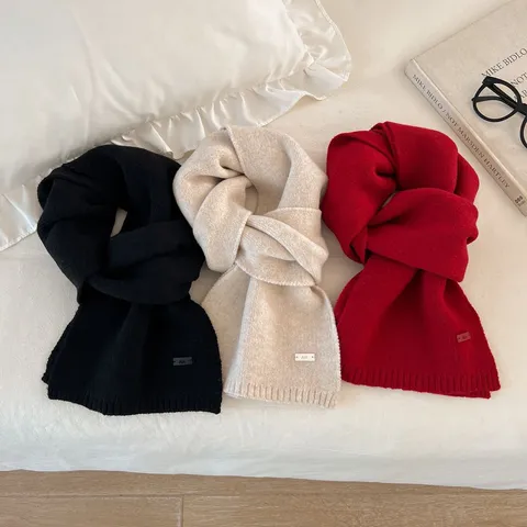 Mujer Pura Lana Bufanda Tejida Color Sólido Engrosado Cálido Invierno Versátil Minimalista Calentador De Cuello