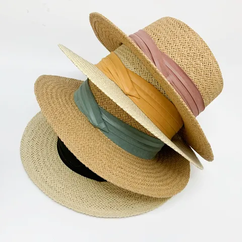 Sombrero de Paja Plano Francés para Mujer Verano Ala Ancha Sombrero de Sol Tejido a Mano Cinta Playa Vacaciones Sombrero