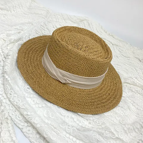 Sombrero de Paja Plano Francés para Mujer Verano Ala Ancha Sombrero de Sol Tejido a Mano Cinta Playa Vacaciones Sombrero
