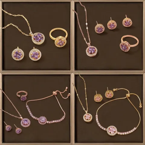 Damen Rotierende Blume Schmuckset Edelstahl Kupfer Zirkonia Herz Kleeblatt Halskette Ring Ohrringe Armband Gold Roségold Eleganter Schmuck