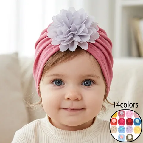Baby Milk Silk Turban Hat With Large Fabric Flower Elastic Soft Headwrap For Newborn Infant Girls Photography Props Bonnet Cap