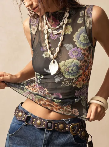Women Vintage Floral Print Mesh Vest Mock Neck Sleeveless Slim Fit Top Elegant Mesh Pullover Shirt